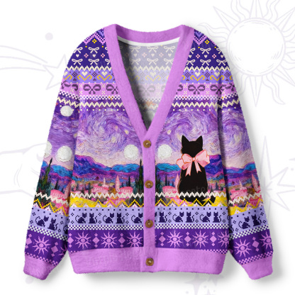 Purplehecate Starlit Witchy Night Cat Ugly Cardigan Sweaters