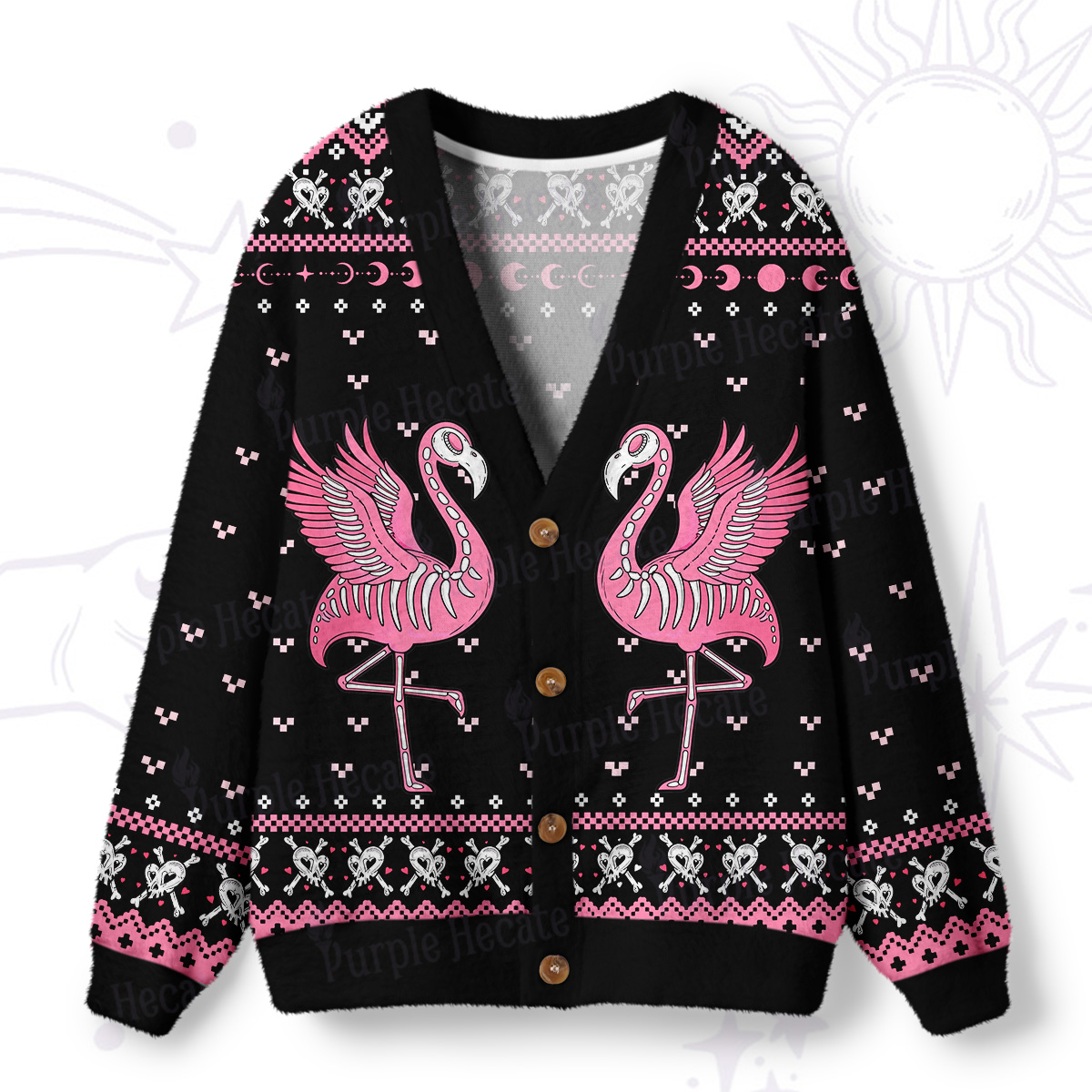 Purplehecate Witchy Pink Flamingo Skull Ugly Cardigan Sweaters