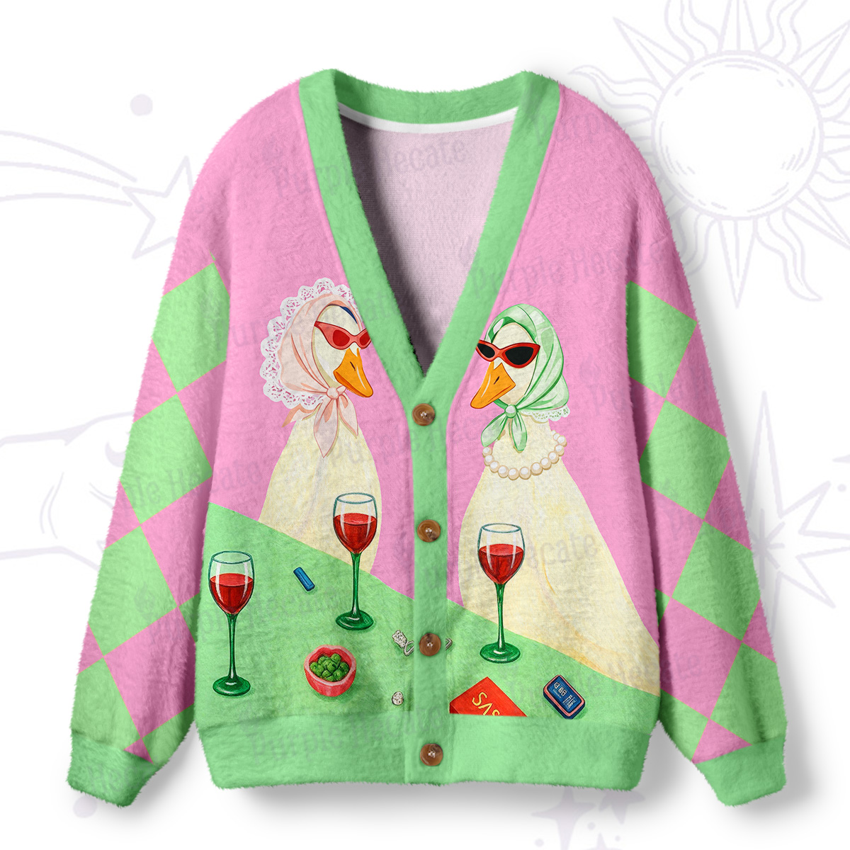 Purplehecate Tipsy Goose Wine Party Ugly Cardigan Sweaters