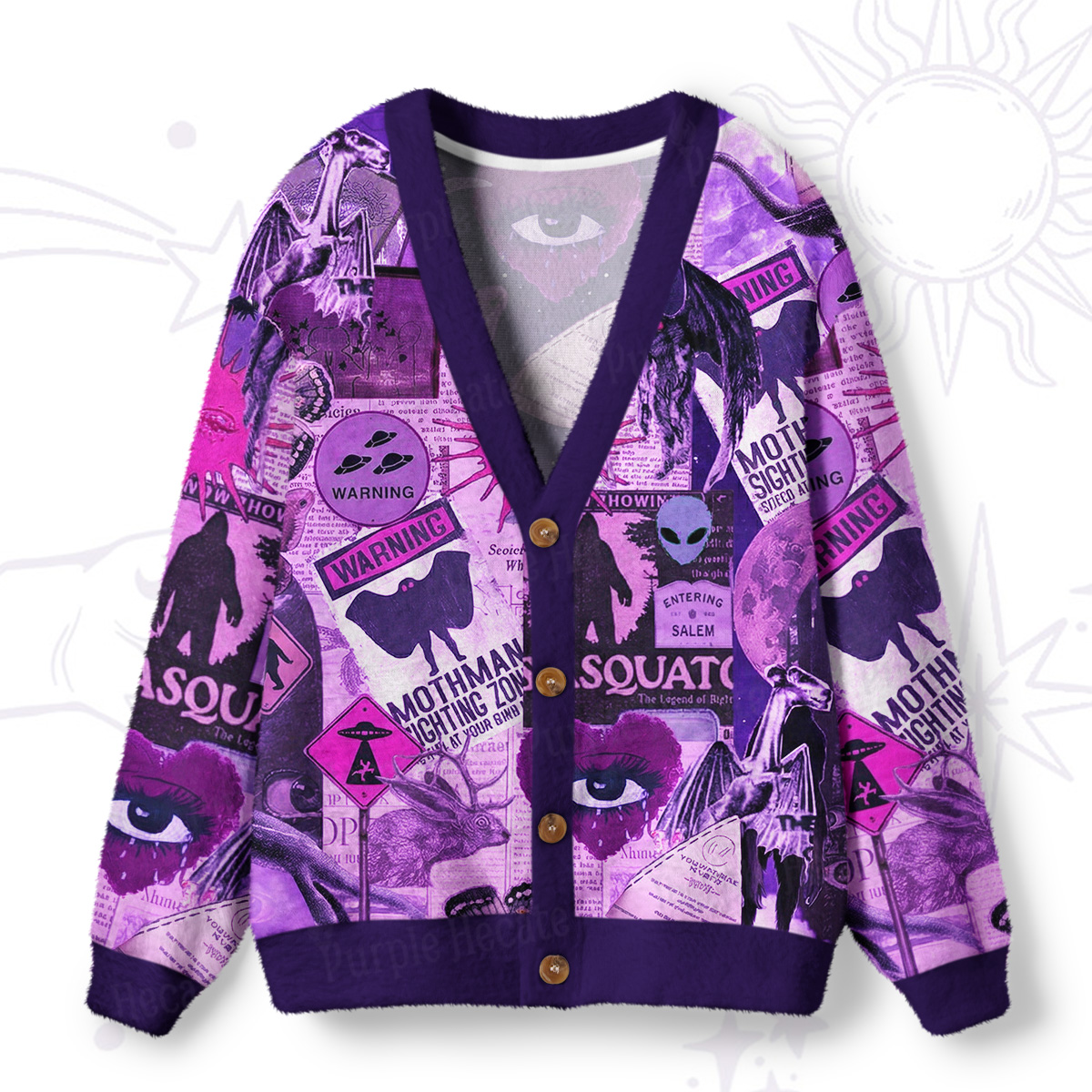 Purplehecate Cryptid Warning Collage Ugly Cardigan Sweaters