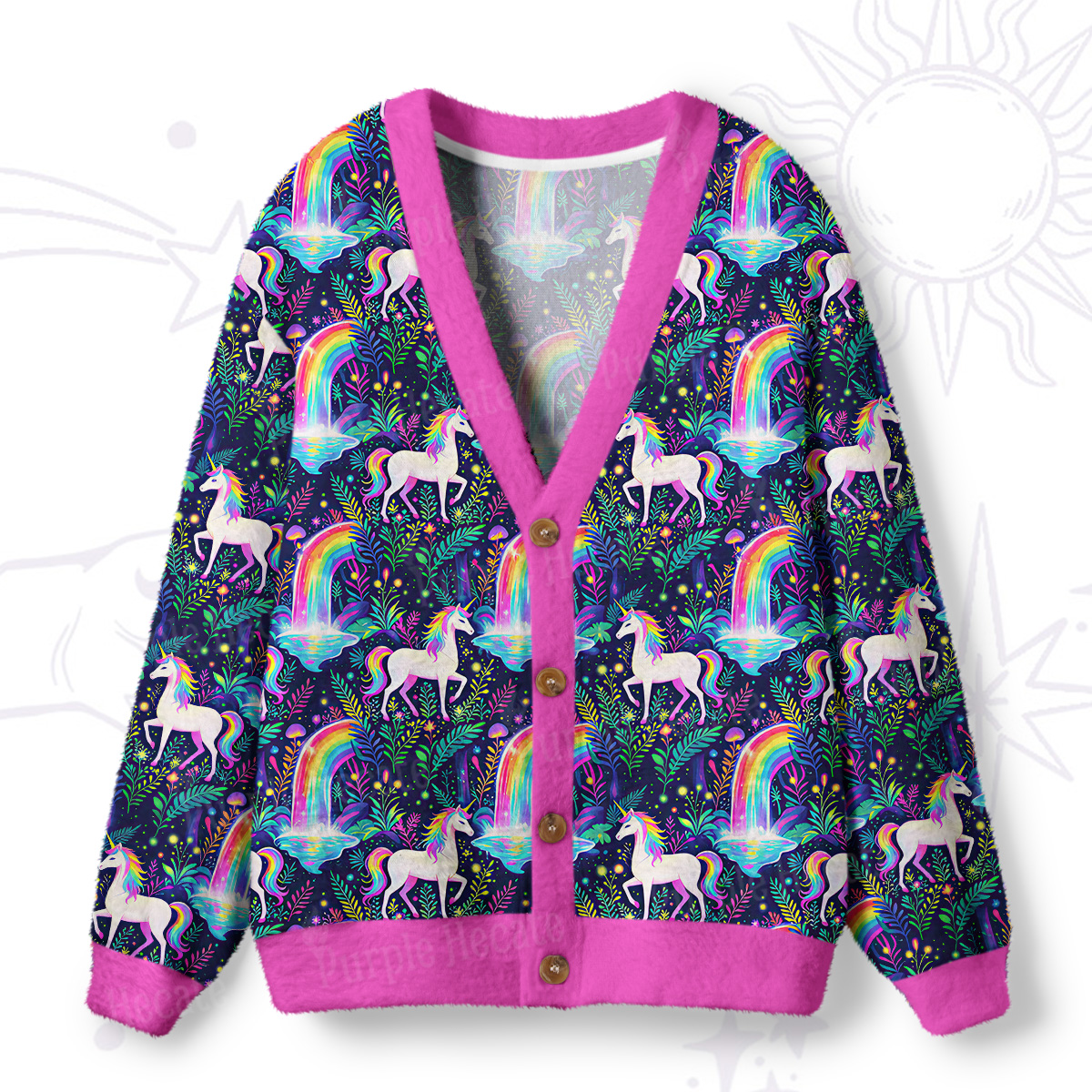 Purplehecate Rainbow Forest Unicorn Magic Ugly Cardigan Sweaters