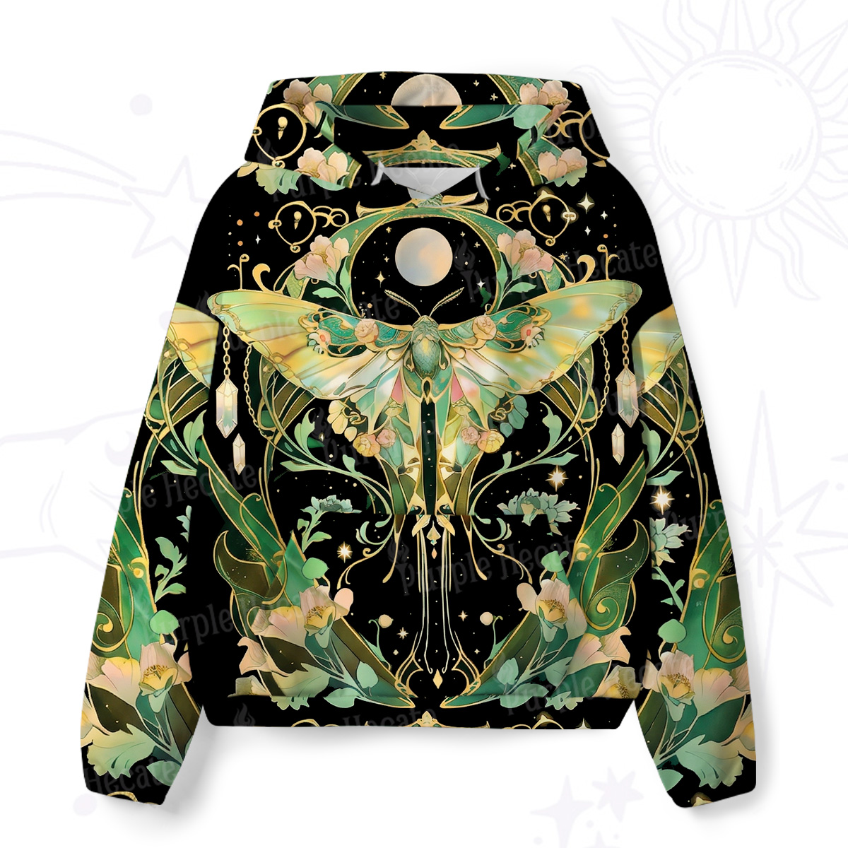 Purplehecate Moon Moth  Rave All-Over Print Hoodie