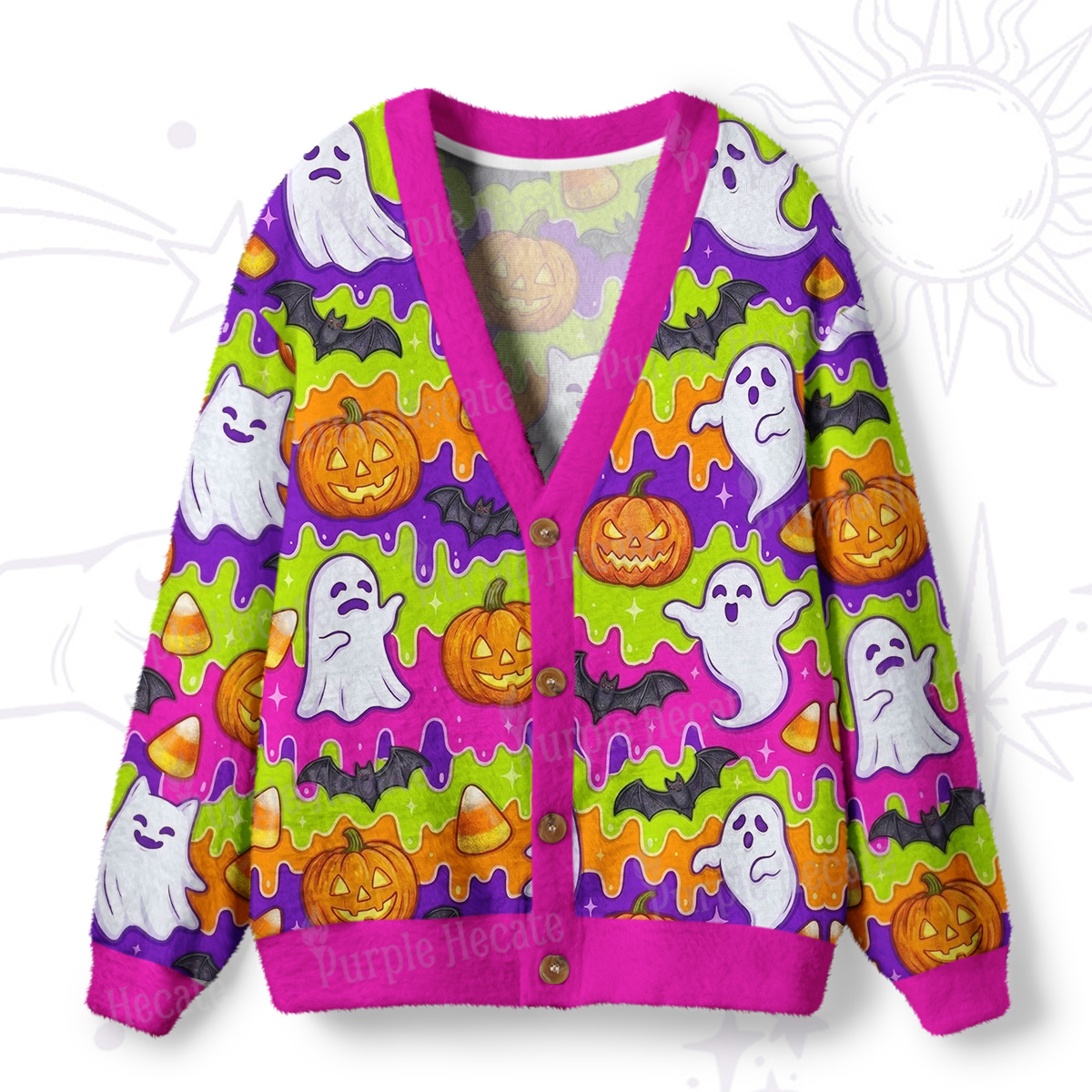 Purplehecate Halloween Ghost Jack‑o’-Lantern Ugly Cardigan Sweaters