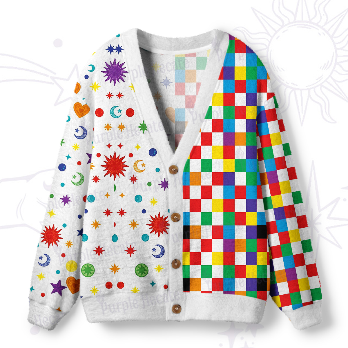 Purplehecate Celestial Rainbow Blocks Ugly Cardigan Sweaters