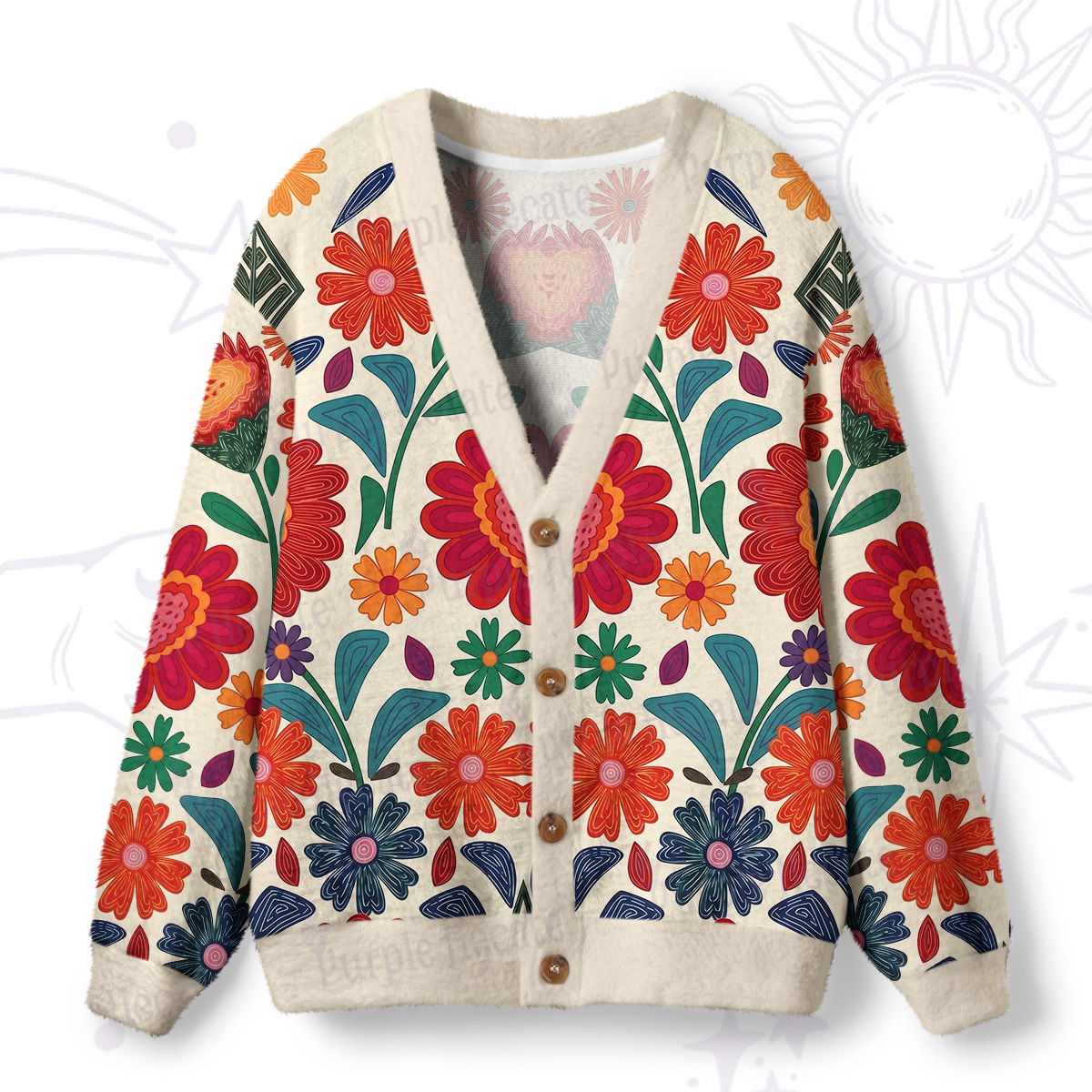 Purplehecate Retro Bloom Folk Floral Ugly Cardigan Sweaters