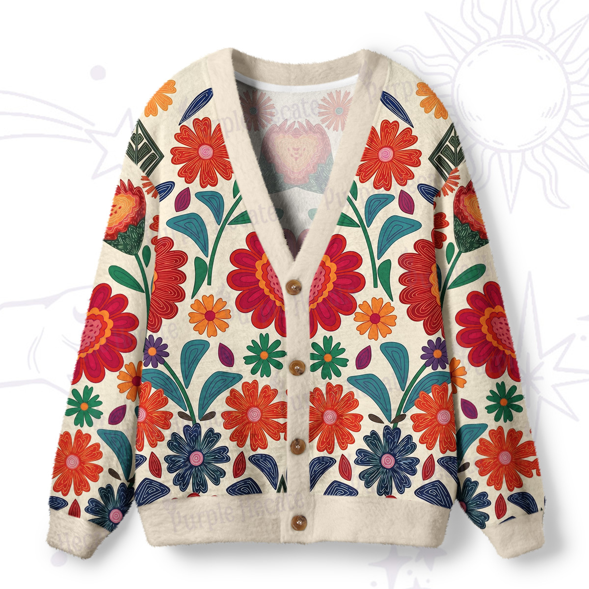 Purplehecate Retro Bloom Folk Floral Ugly Cardigan Sweaters