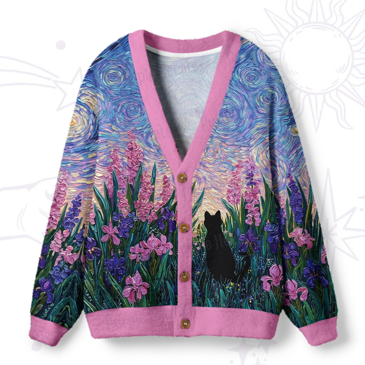 Purplehecate Starry Mystic Night Garden Cat Ugly Cardigan Sweaters
