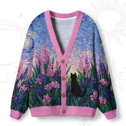Purplehecate Starry Mystic Night Garden Cat Ugly Cardigan Sweaters