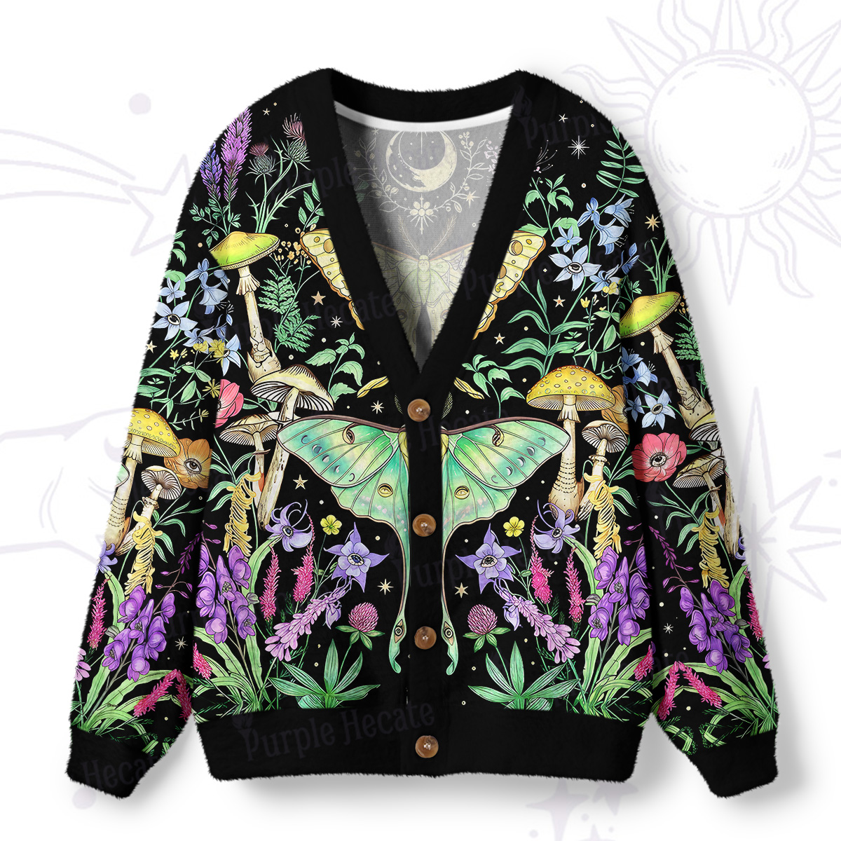 Purplehecate Mystic Lunar Moth Herbal Forest Ugly Cardigan Sweaters