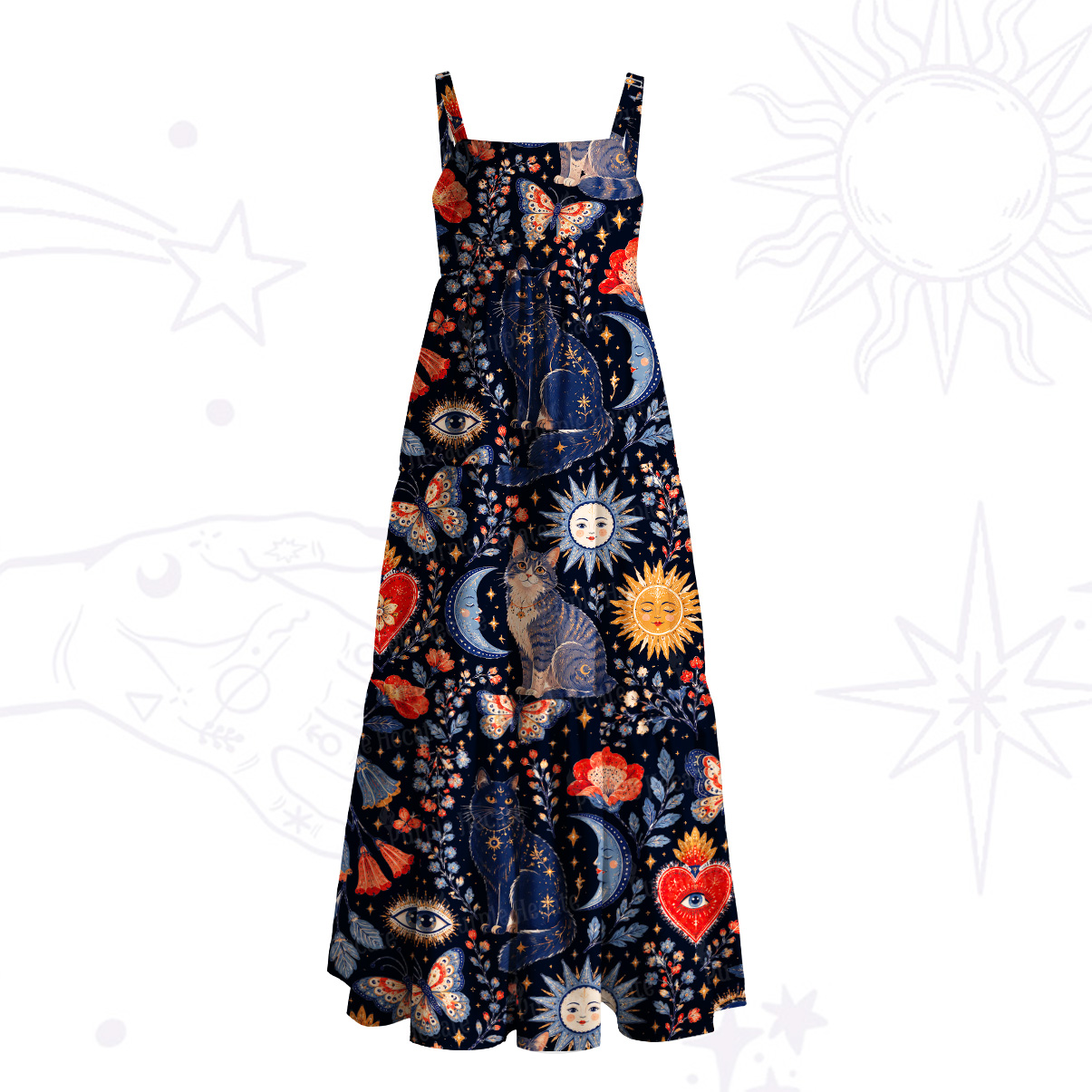 Purplehecate Cat Celestial Print Wide Straps Maxi Dress