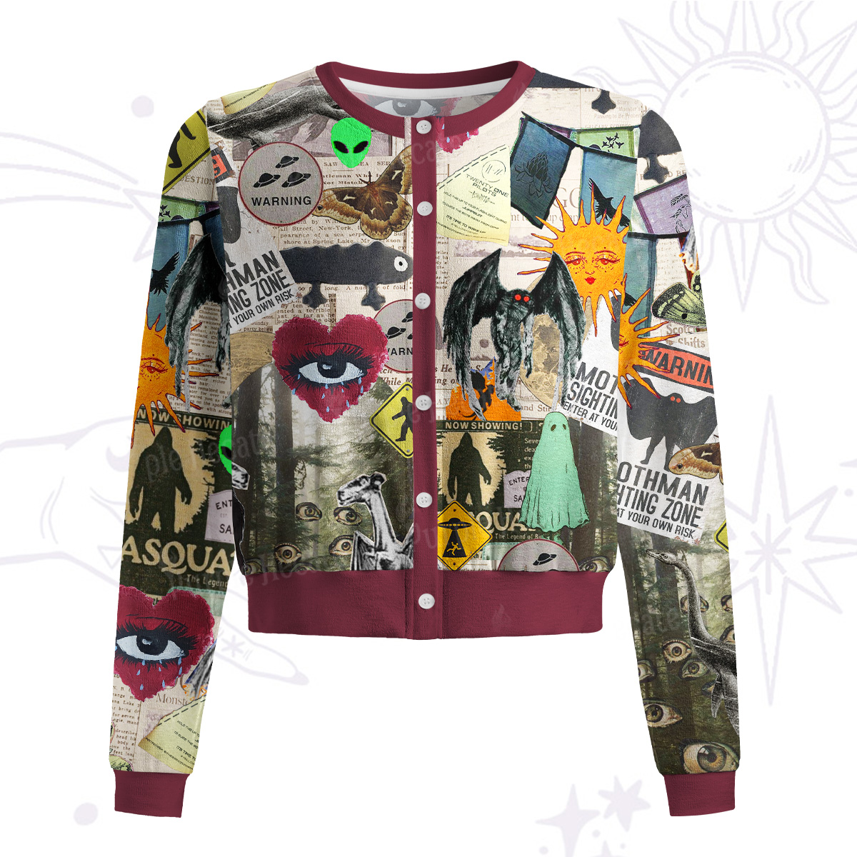 Purplehecate Cryptid Warning Collage Knit Cardigan