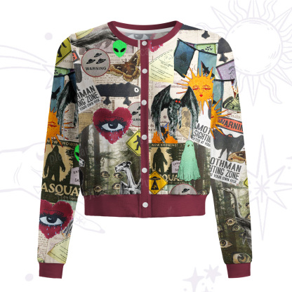 Purplehecate Cryptid Warning Collage Knit Cardigan