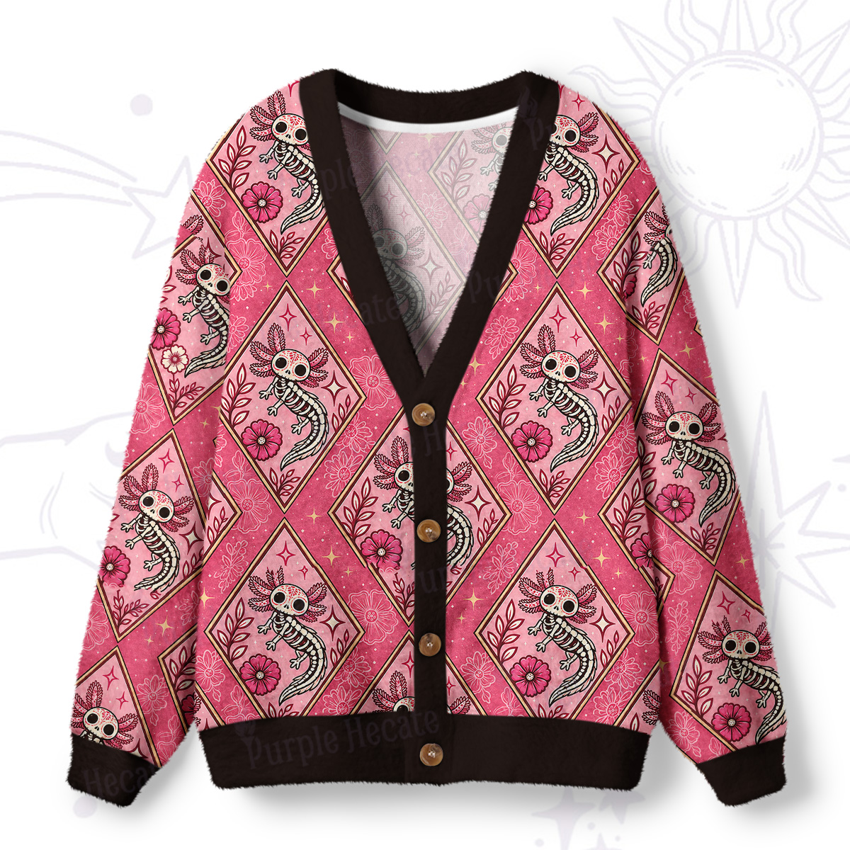 Purplehecate Whimsical Skeleton Salamander Ugly Cardigan Sweaters