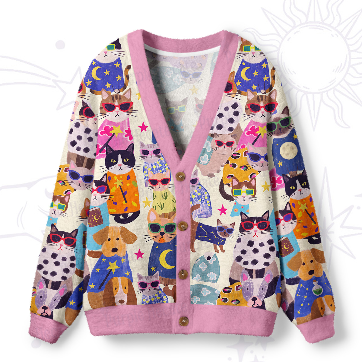 Purplehecate Magic Mewon Puppy Party Ugly Cardigan Sweaters