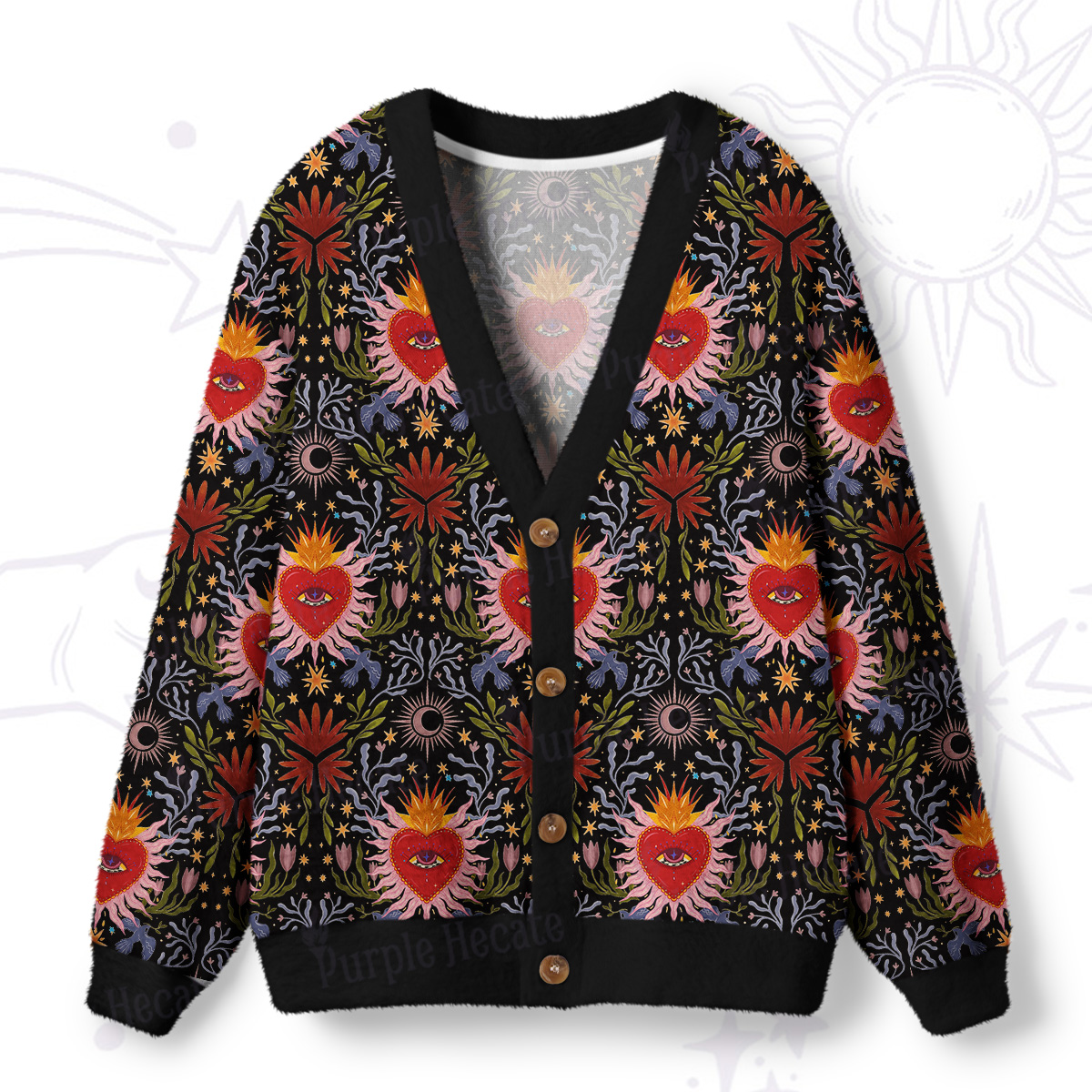 Purplehecate Sacred Flame Heart Ugly Cardigan Sweaters