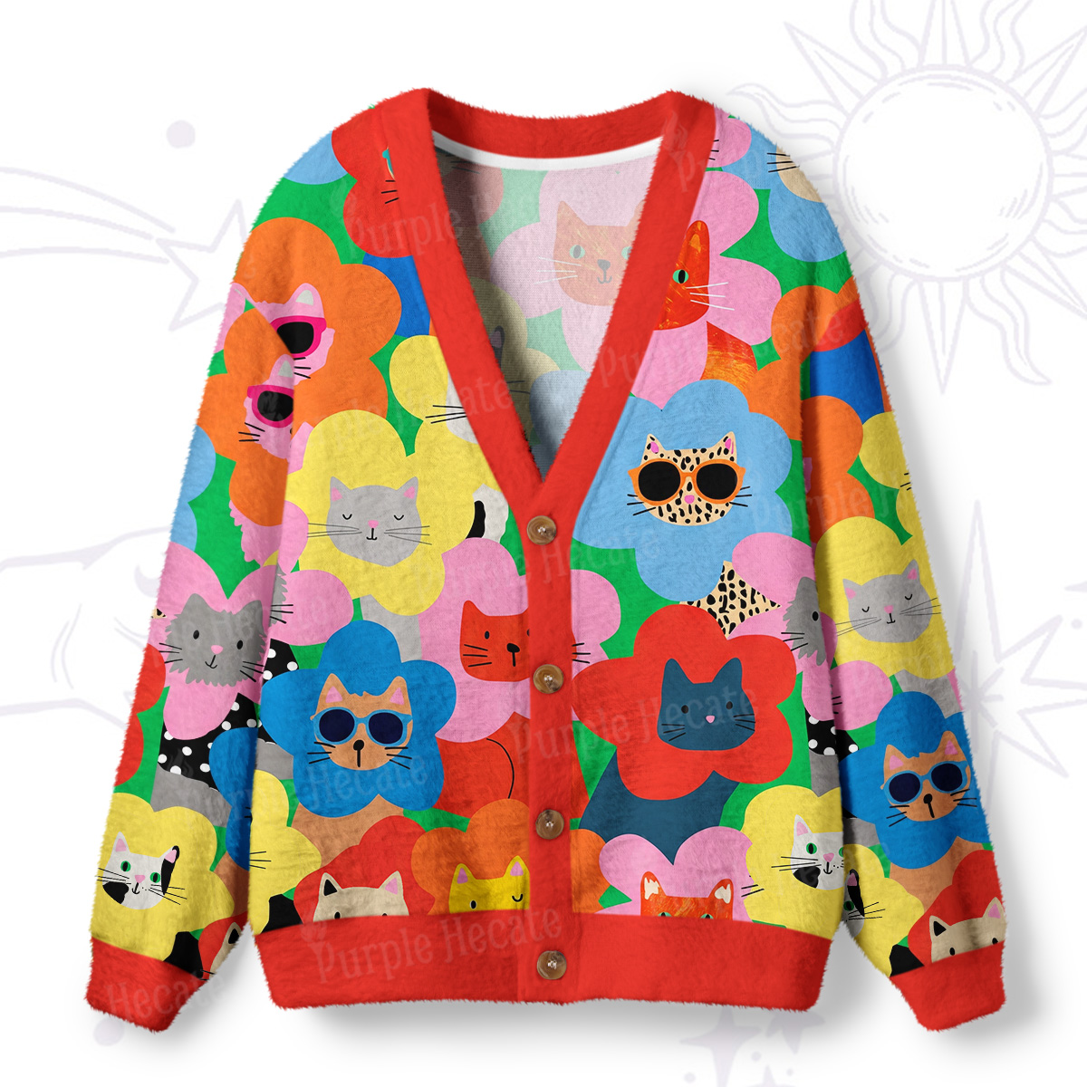 Purplehecate Rainbow Cat Faces Garden Ugly Cardigan Sweaters