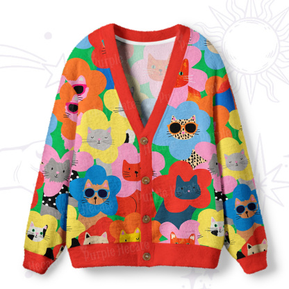 Purplehecate Rainbow Cat Faces Garden Ugly Cardigan Sweaters