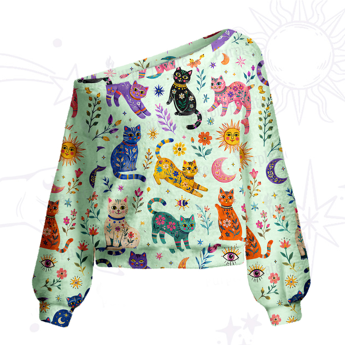 Purplehecate Rainbow Magic Cats One Shoulder Sweaters