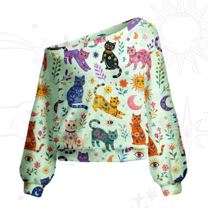 Purplehecate Rainbow Magic Cats One Shoulder Sweaters