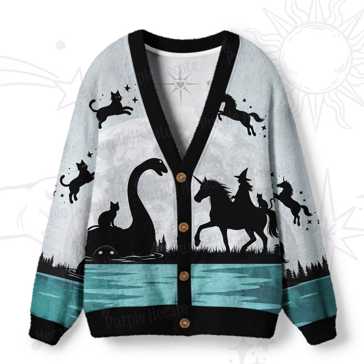 Purplehecate Moonlit Witch Nessie & Unicorn Ugly Cardigan Sweaters