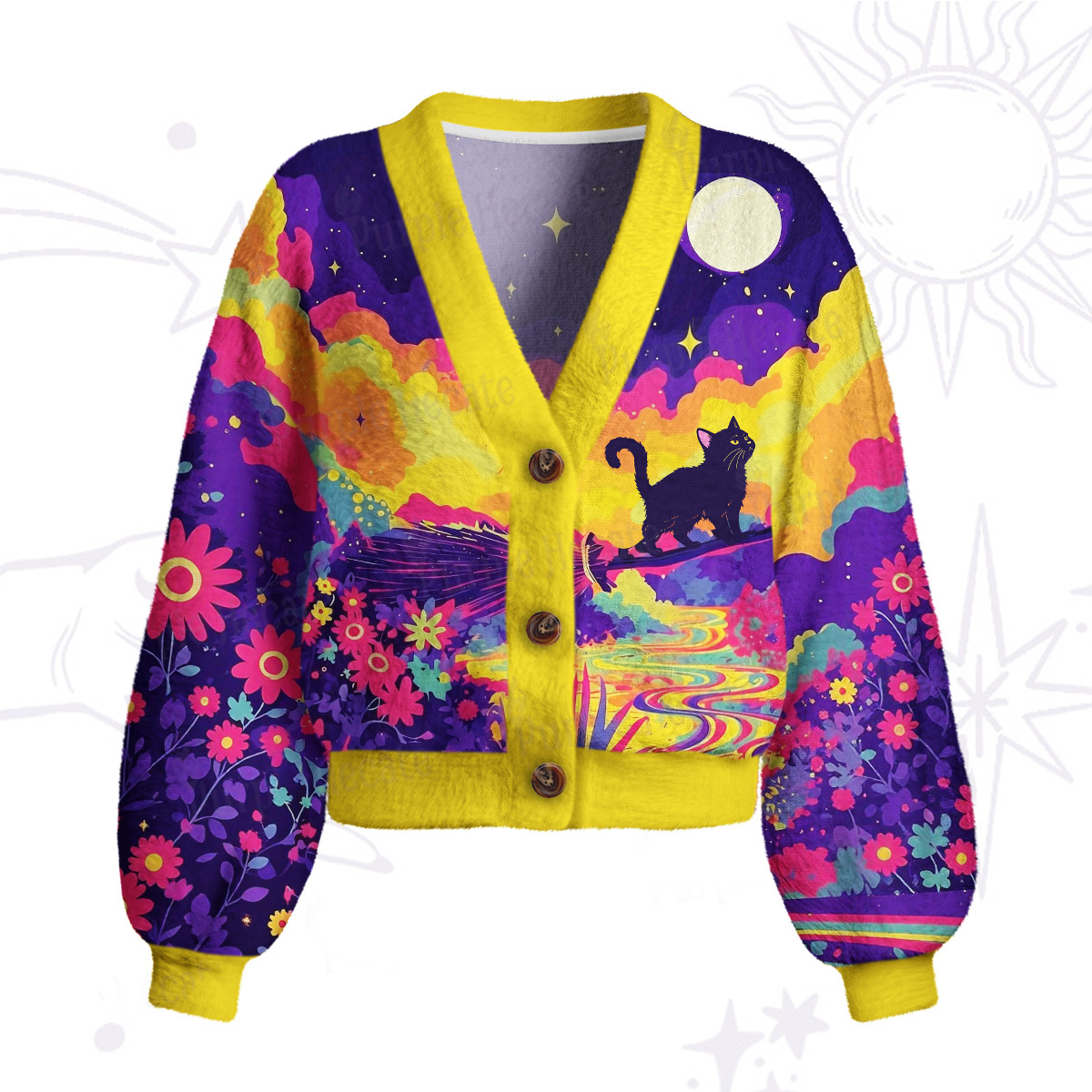 Purplehecate Midnight Cosmic Cat Fantasy Cardigan Sweaters