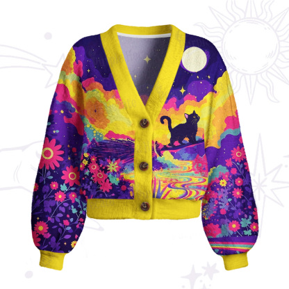 Purplehecate Midnight Cosmic Cat Fantasy Cardigan Sweaters