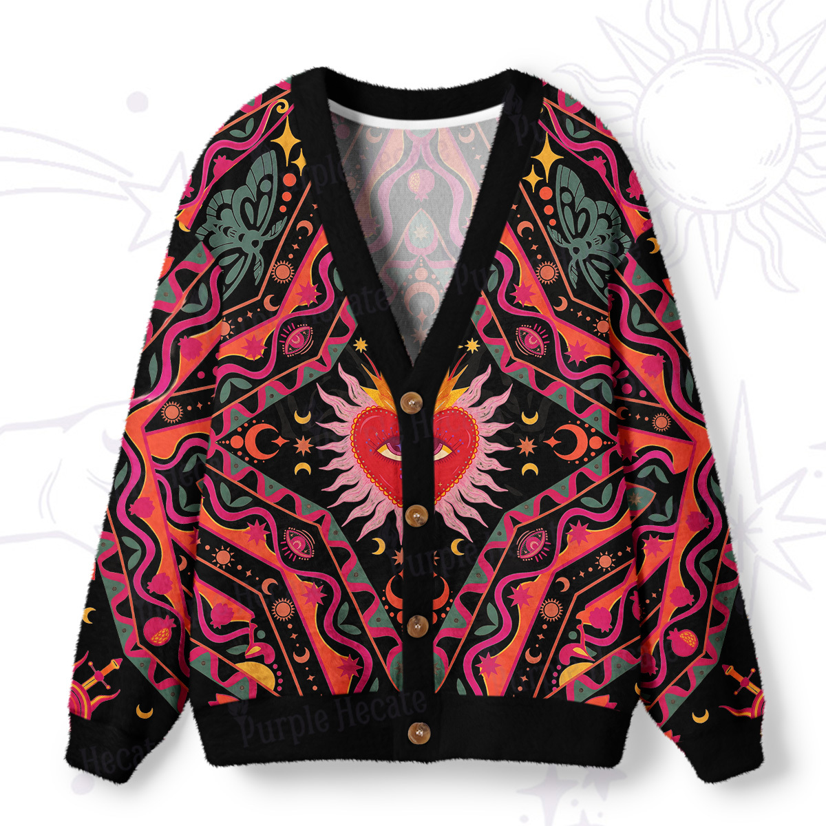 Purplehecate Psychedelic Heart Ugly Cardigan Sweaters