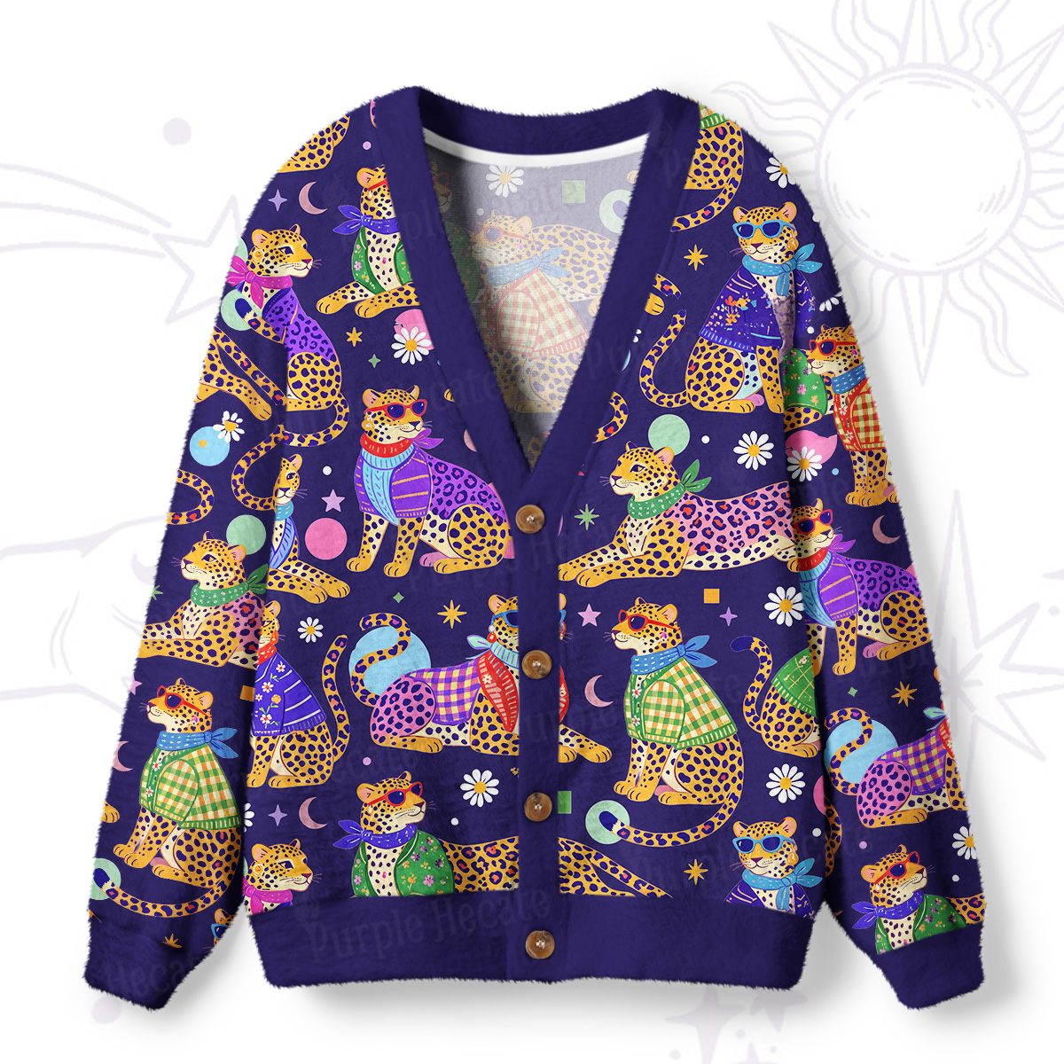 Purplehecate Groovy Jungle Rainbow Leopards Ugly Cardigan Sweaters