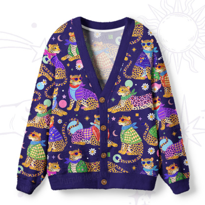 Purplehecate Groovy Jungle Rainbow Leopards Ugly Cardigan Sweaters