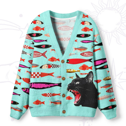 Purplehecate Mystic Black Cat Canned Fish Ugly Cardigan Sweaters