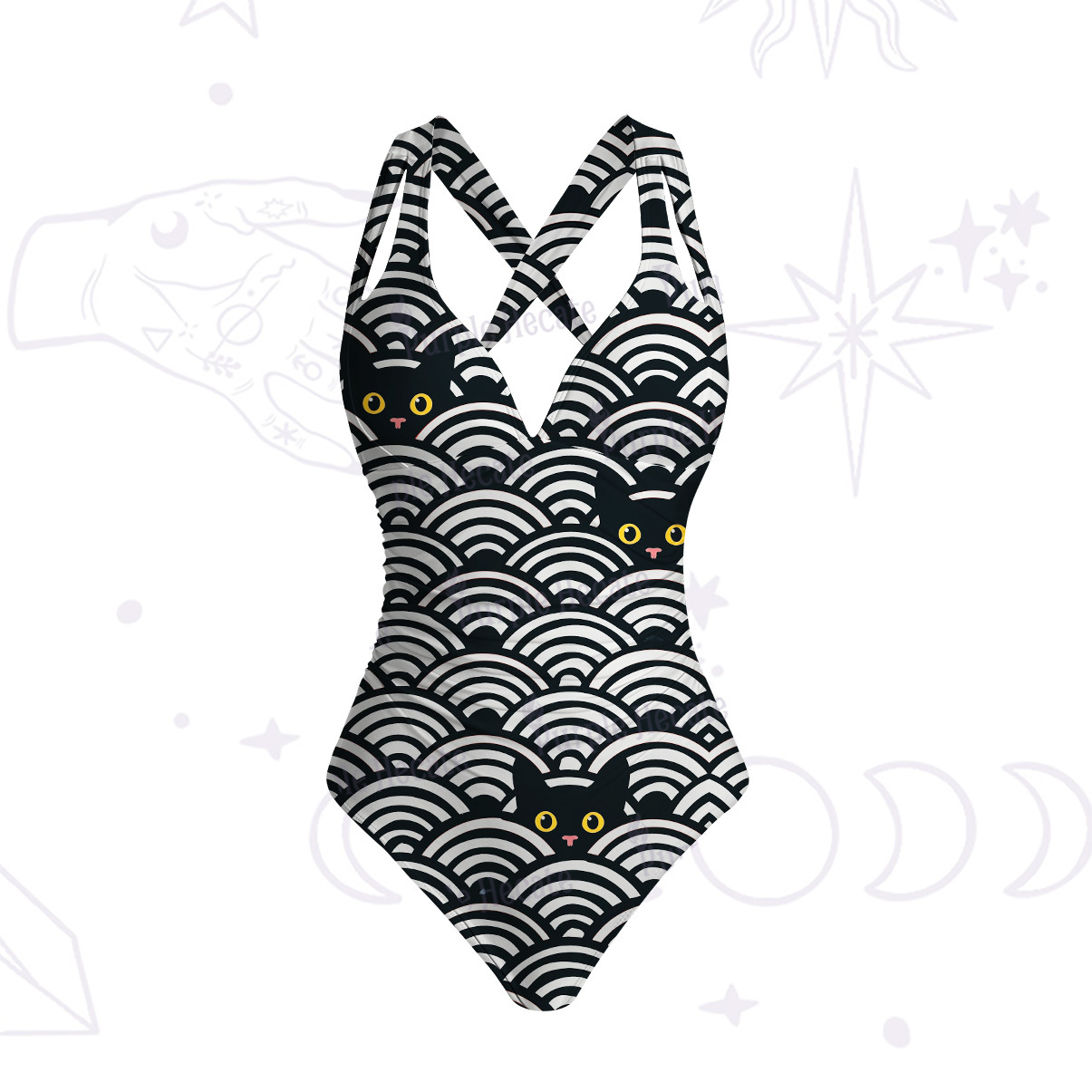 Purplehecate Rainbow Black Cat Waves One-Piece Swimsuit