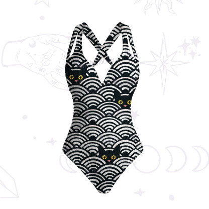 Purplehecate Rainbow Black Cat Waves One-Piece Swimsuit