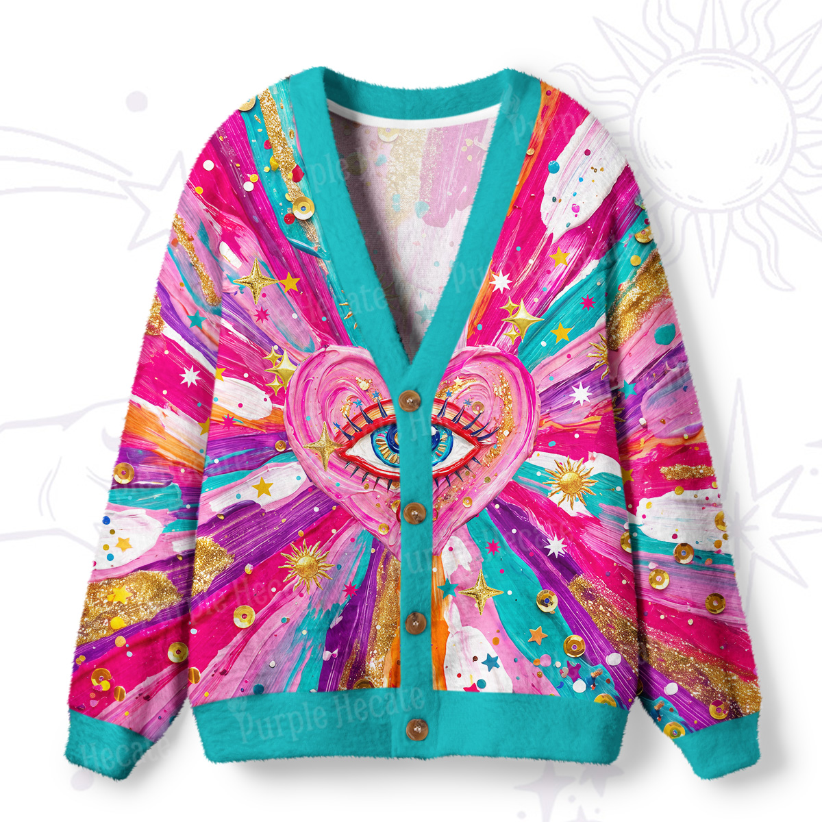 Purplehecate Starlit Third-Eye Heart Ugly Cardigan Sweaters