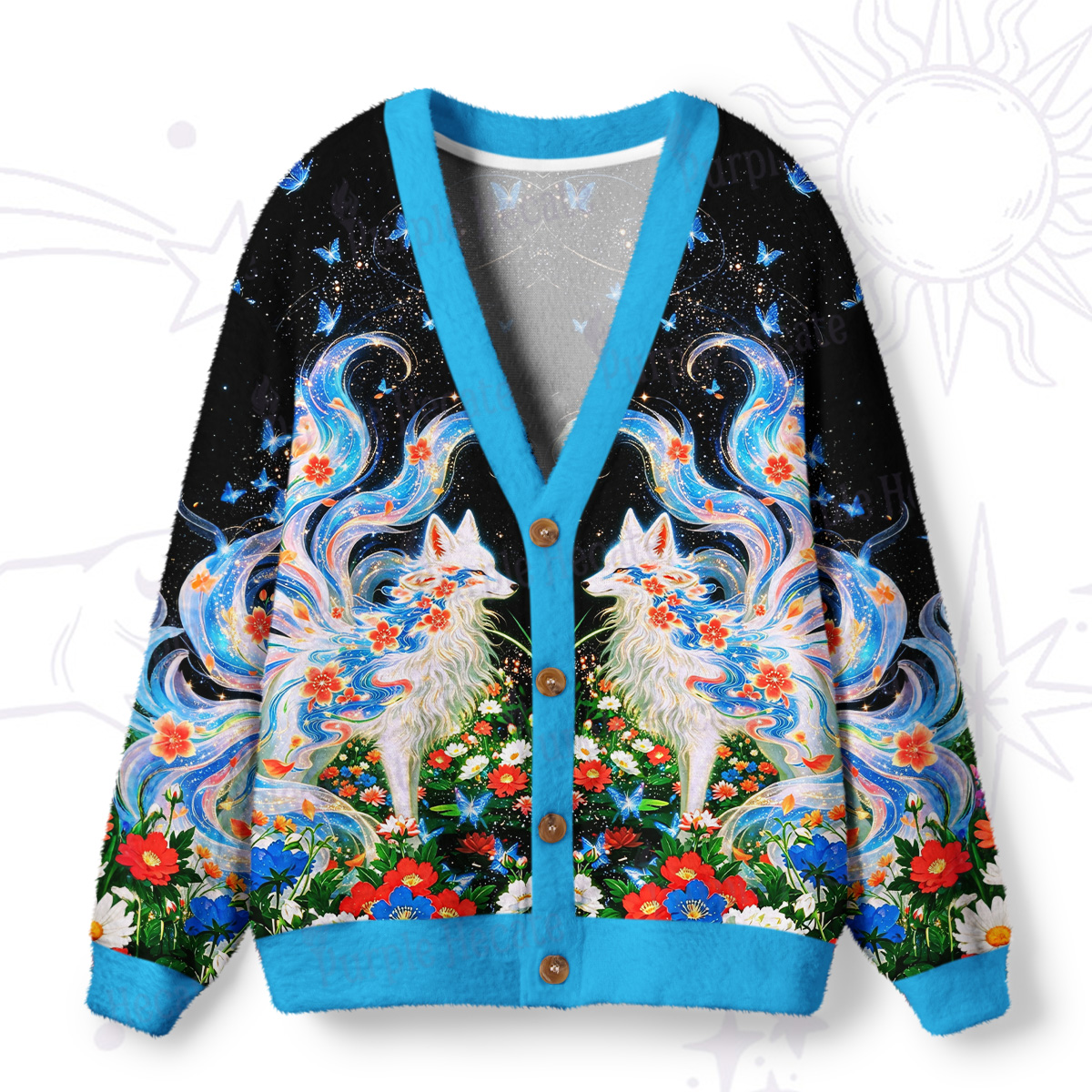 Purplehecate Celestial Spirit Fox Ugly Cardigan Sweaters