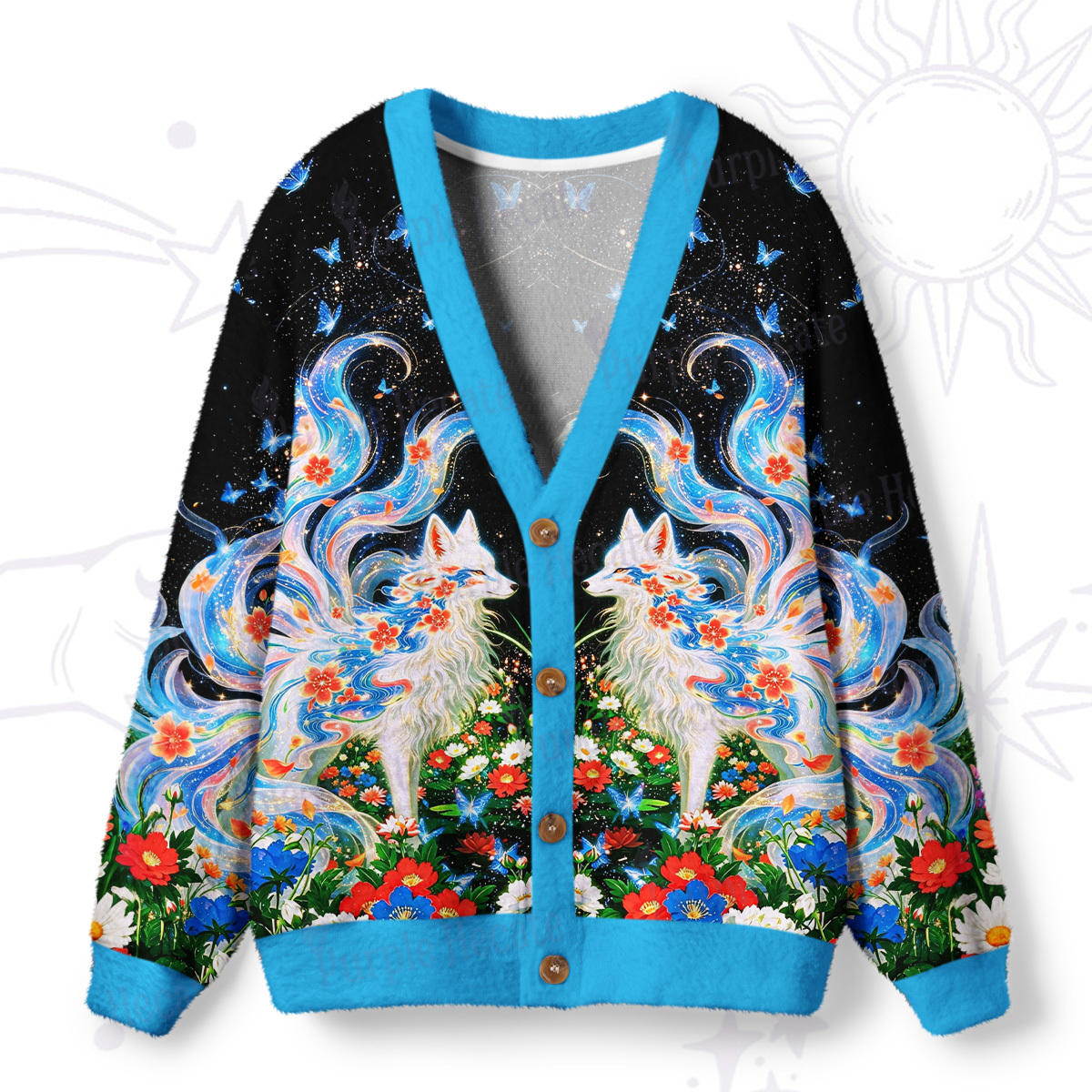 Purplehecate Celestial Spirit Fox Ugly Cardigan Sweaters