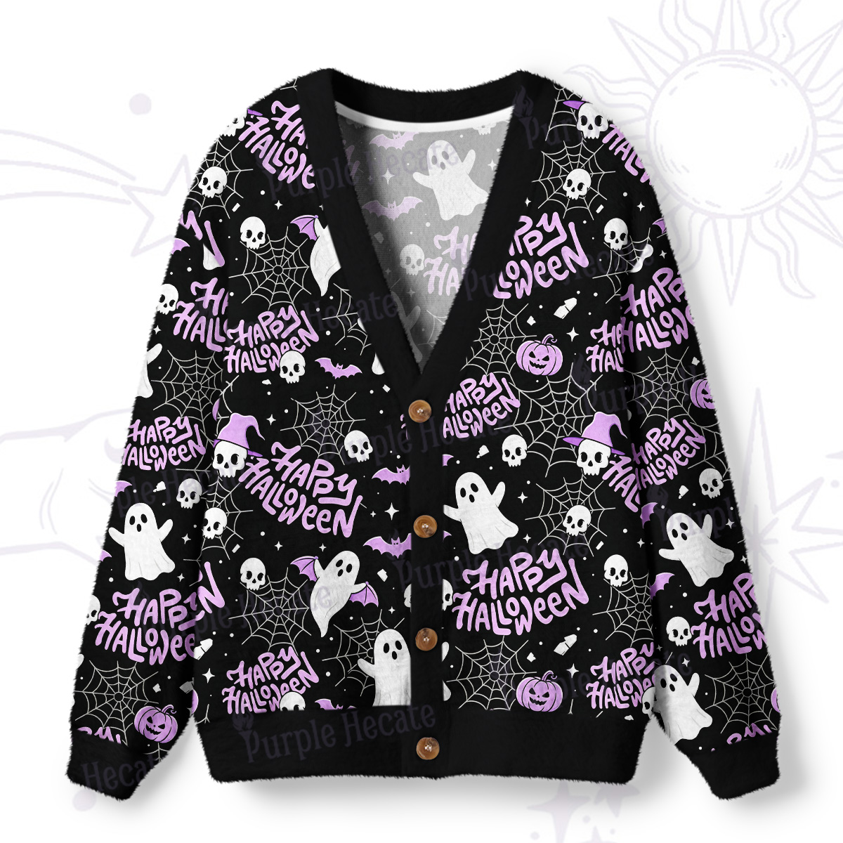 Purplehecate Cute Ghost Happy Halloween Ugly Cardigan Sweaters