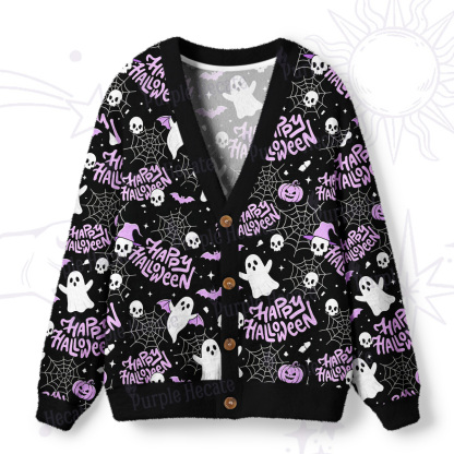 Purplehecate Cute Ghost Happy Halloween Ugly Cardigan Sweaters