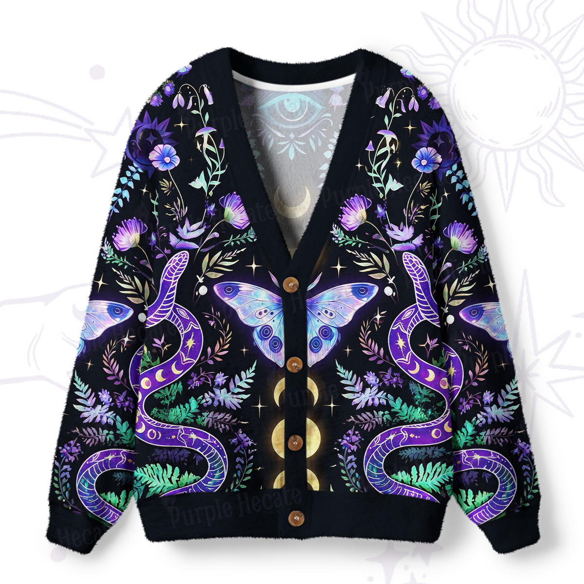 Purplehecate Moon Moth Witchery Ugly Cardigan Sweaters