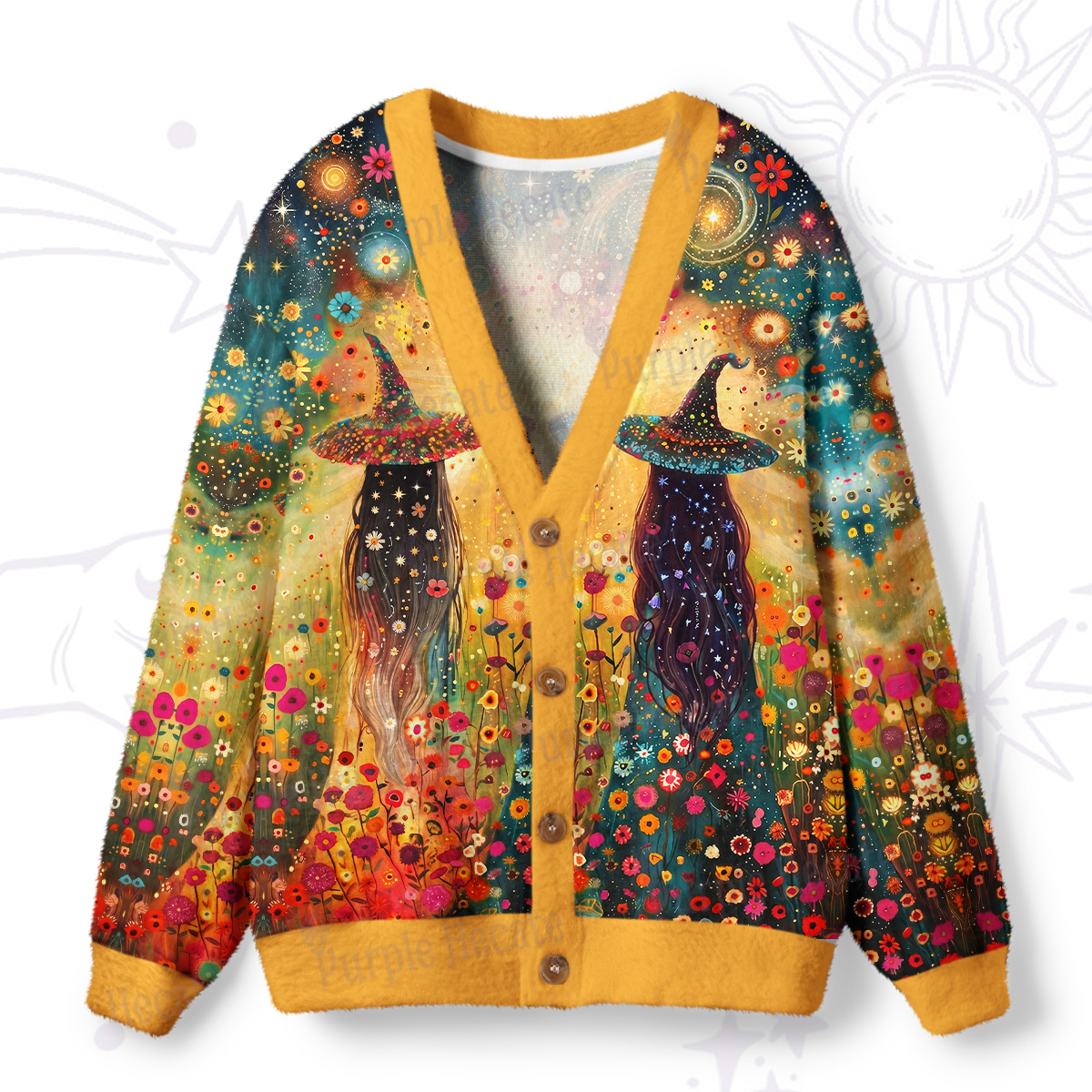 Purplehecate Starlit Flower Field Twin Witches Ugly Cardigan Sweaters