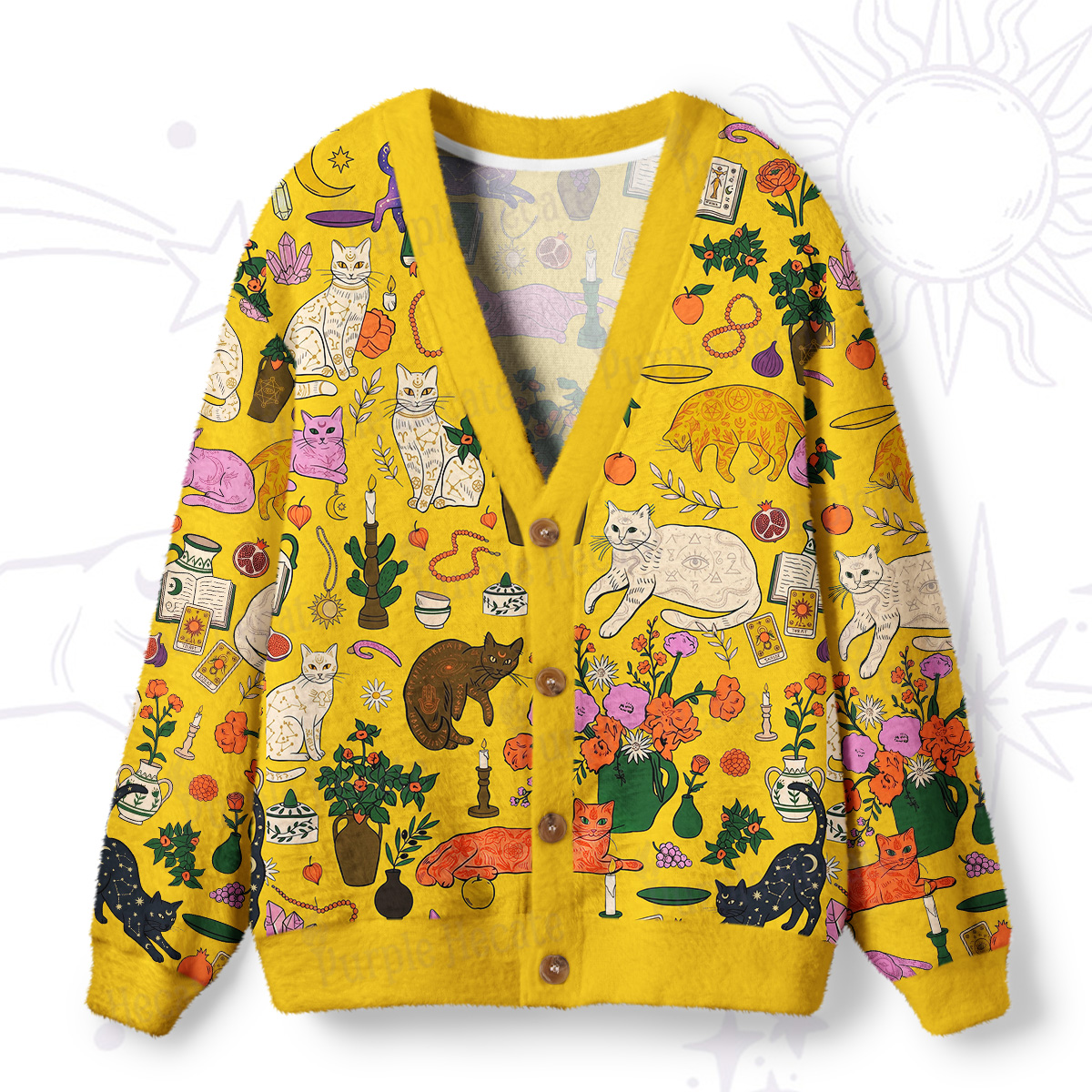Purplehecate Lazy Cats in the Flower House Ugly Cardigan Sweaters