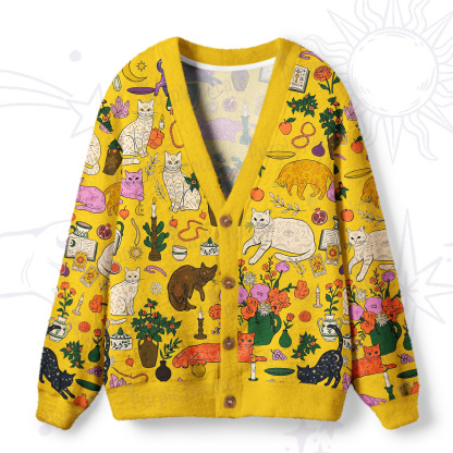 Purplehecate Lazy Cats in the Flower House Ugly Cardigan Sweaters