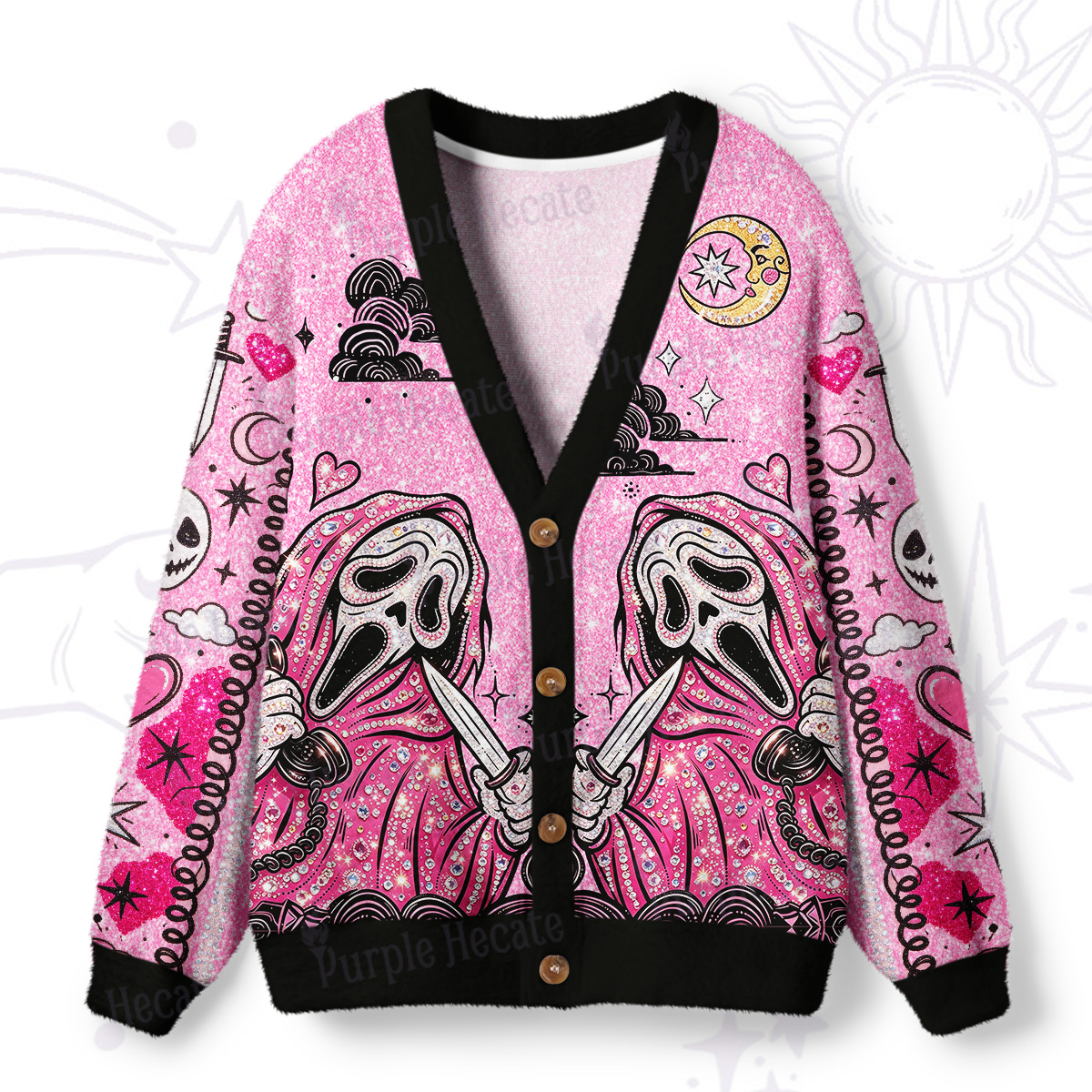 Purplehecate Pink Glitter Scream Mask Spooky Ugly Cardigan Sweaters