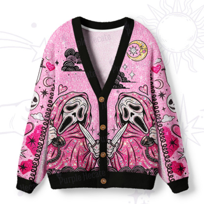 Purplehecate Pink Glitter Scream Mask Spooky Ugly Cardigan Sweaters
