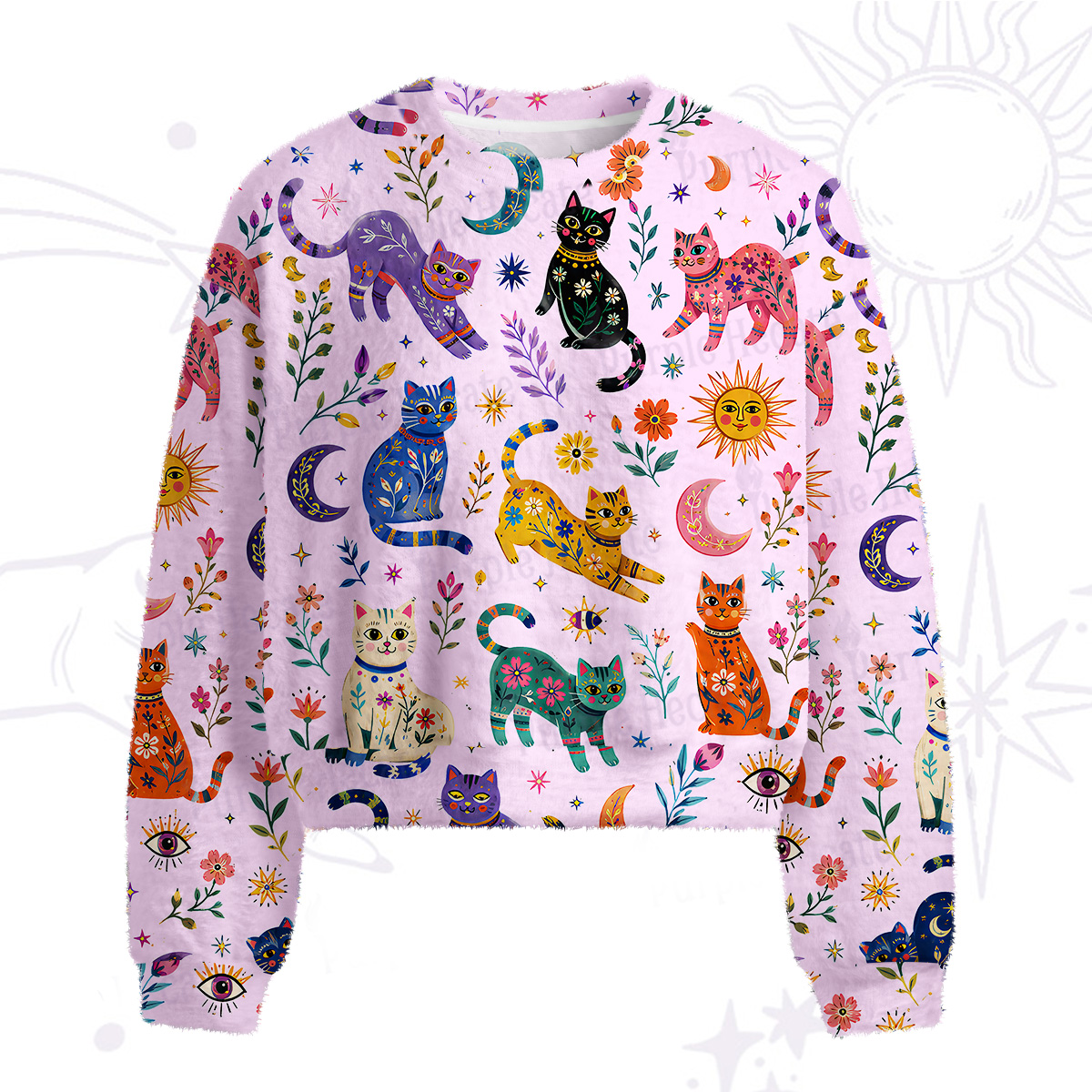 Purplehecate Rainbow Magic Cats Fuzzy Crewneck Sweater