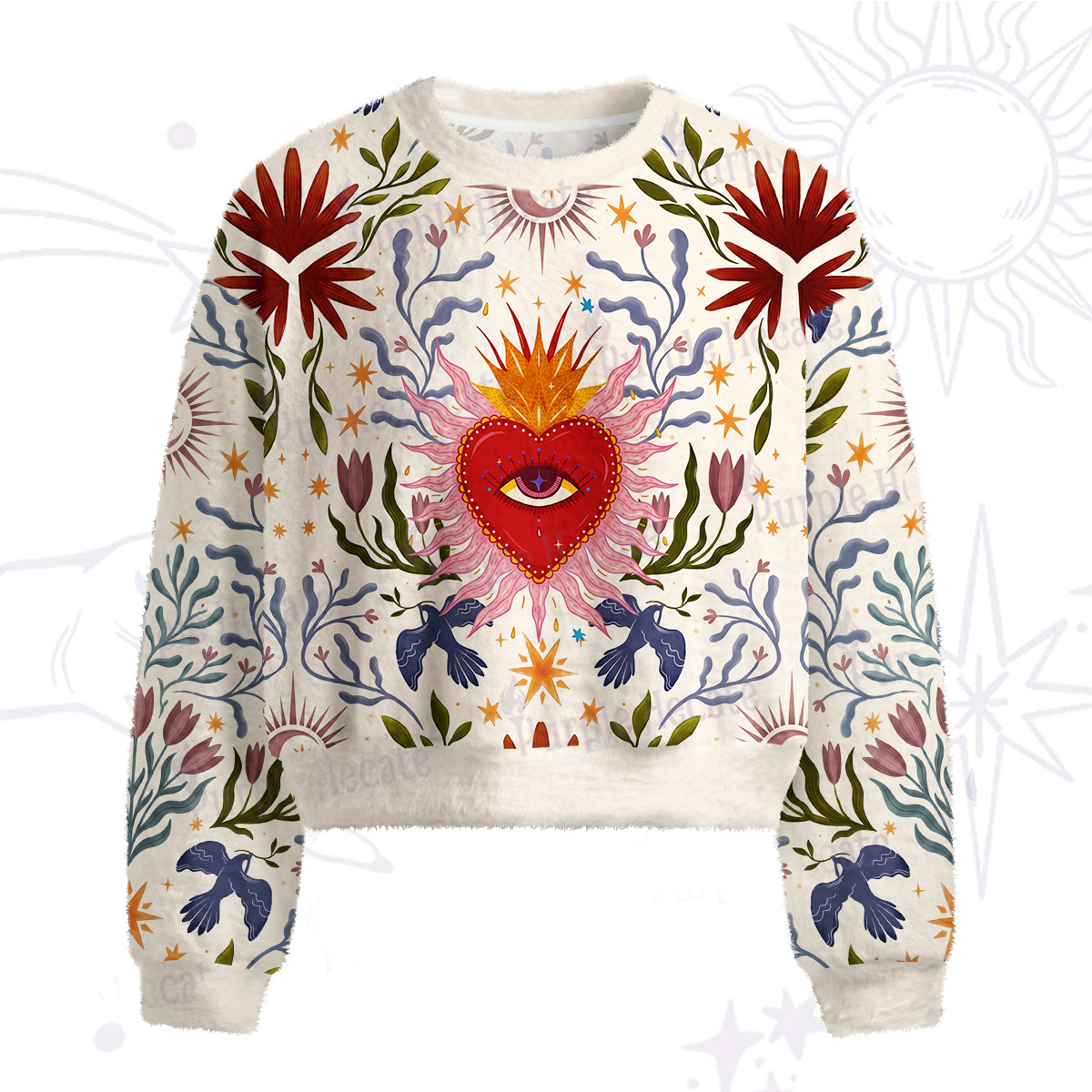 Purplehecate Sacred Flame Heart Fuzzy Crewneck Sweater