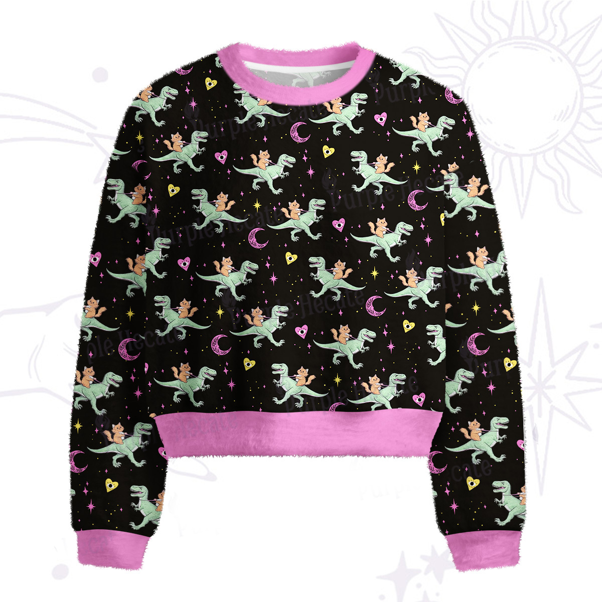 Purplehecate Witch Cat Rides the Dino Fuzzy Crewneck Sweater