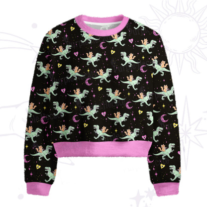 Purplehecate Witch Cat Rides the Dino Fuzzy Crewneck Sweater