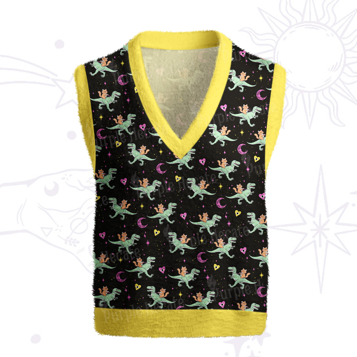 Purplehecate Witch Cat Rides the Dino Ugly Sweater Vest