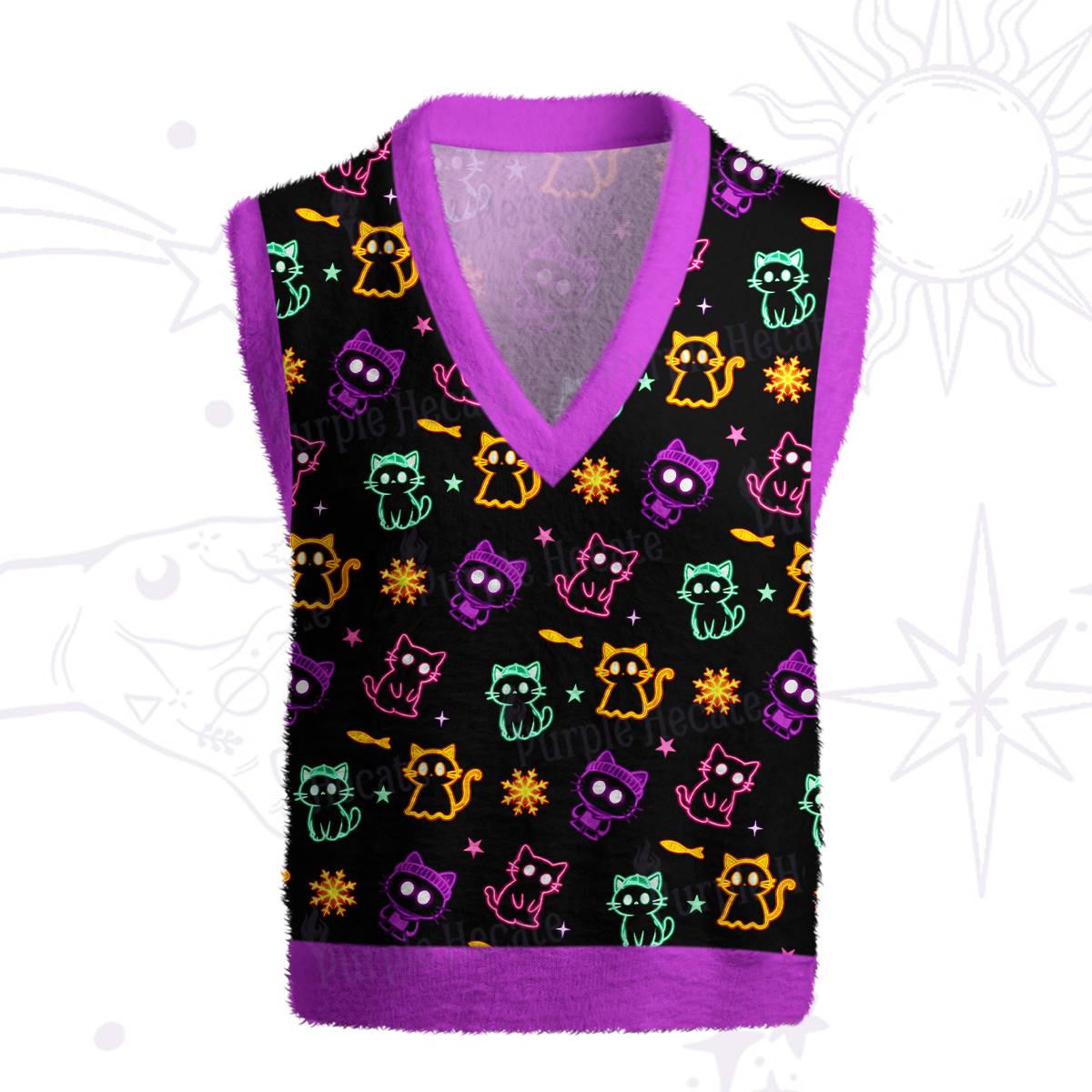 Purplehecate Neon Cat Party Ugly Sweater Vest