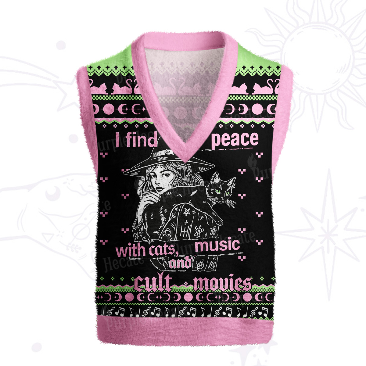 Purplehecate I Find Peace With Cats Music Cult Movies Ugly Sweater Vest
